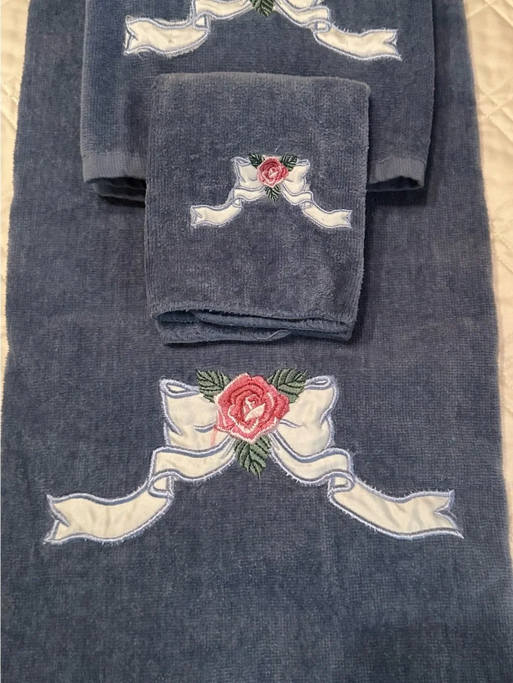 Vintage Blue with Pink Rose Embroidery with lace border towel set.